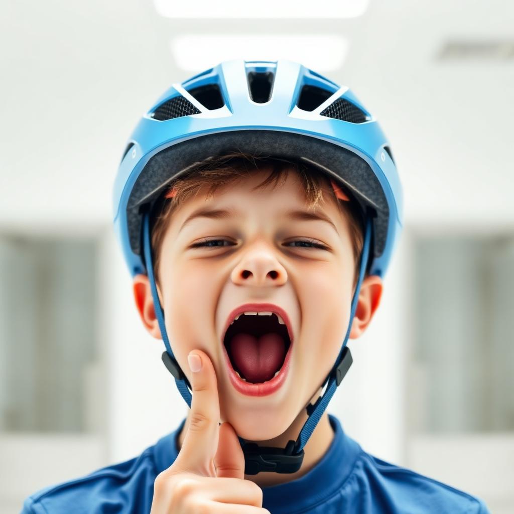 Teen opening mouth wide with one finger under the chin strap to test snugness